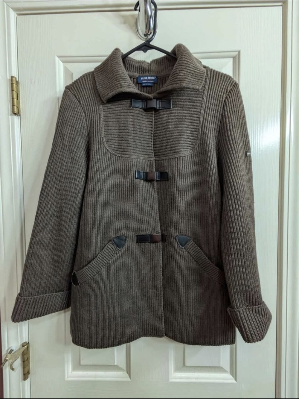 Saint James Pure Wool Ribbed Cardigan Leather Toggle Side Pocket Made in France